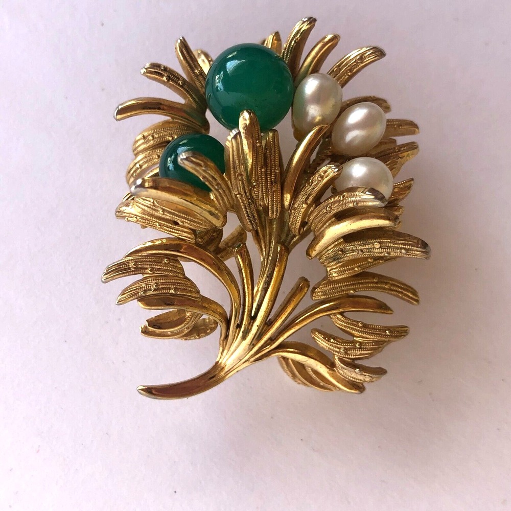 Vintage GROSSE GERMANY Christian DIOR Green Art Glass Faux Pearls Flower Brooch